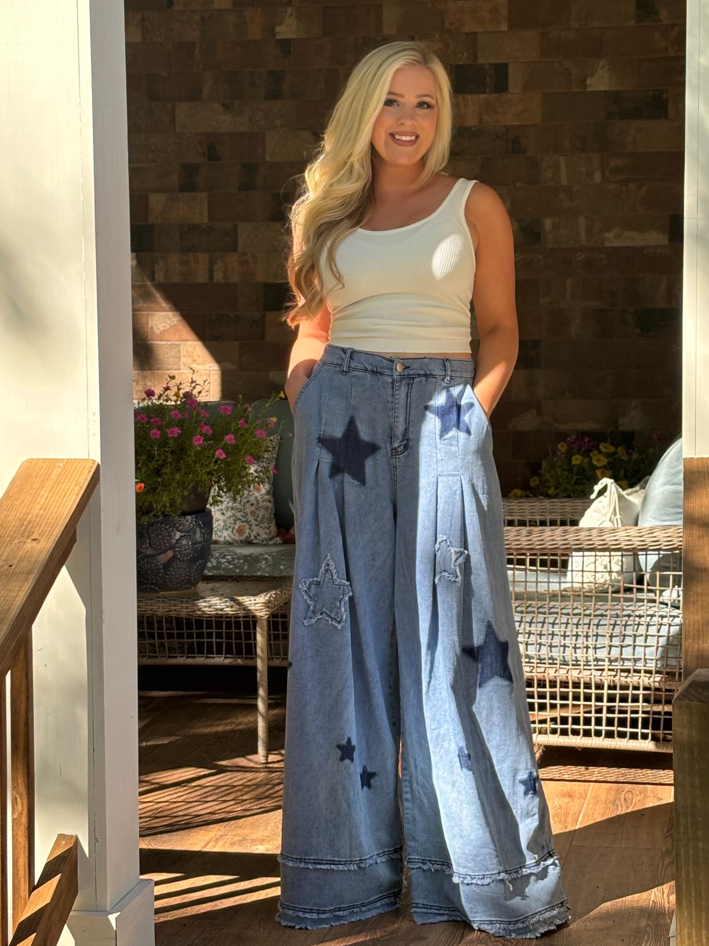 Blue velvet wide leg star pants