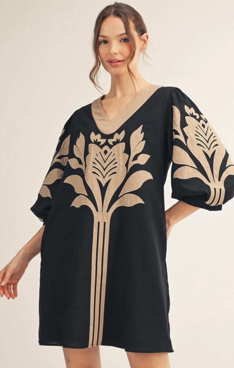 Jodifl tan and black appliqué dress