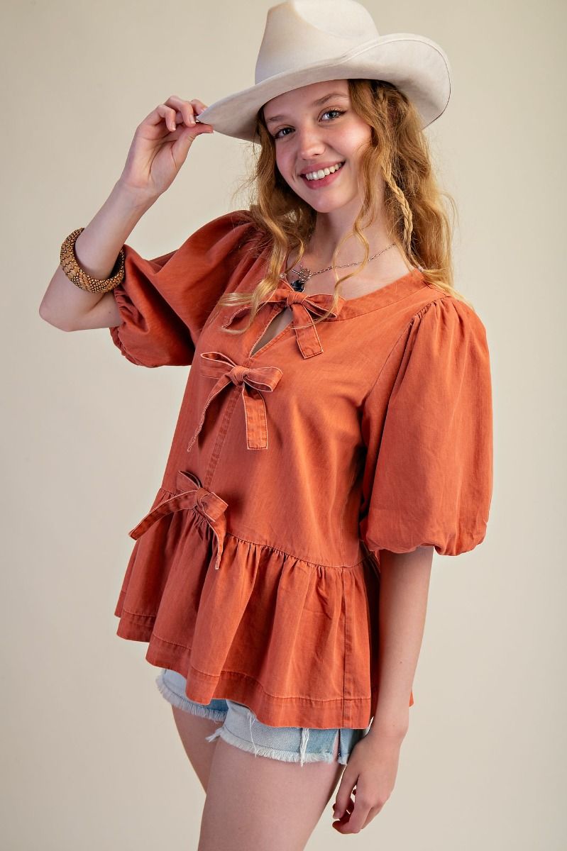 Easel chai latte bow front peplum top