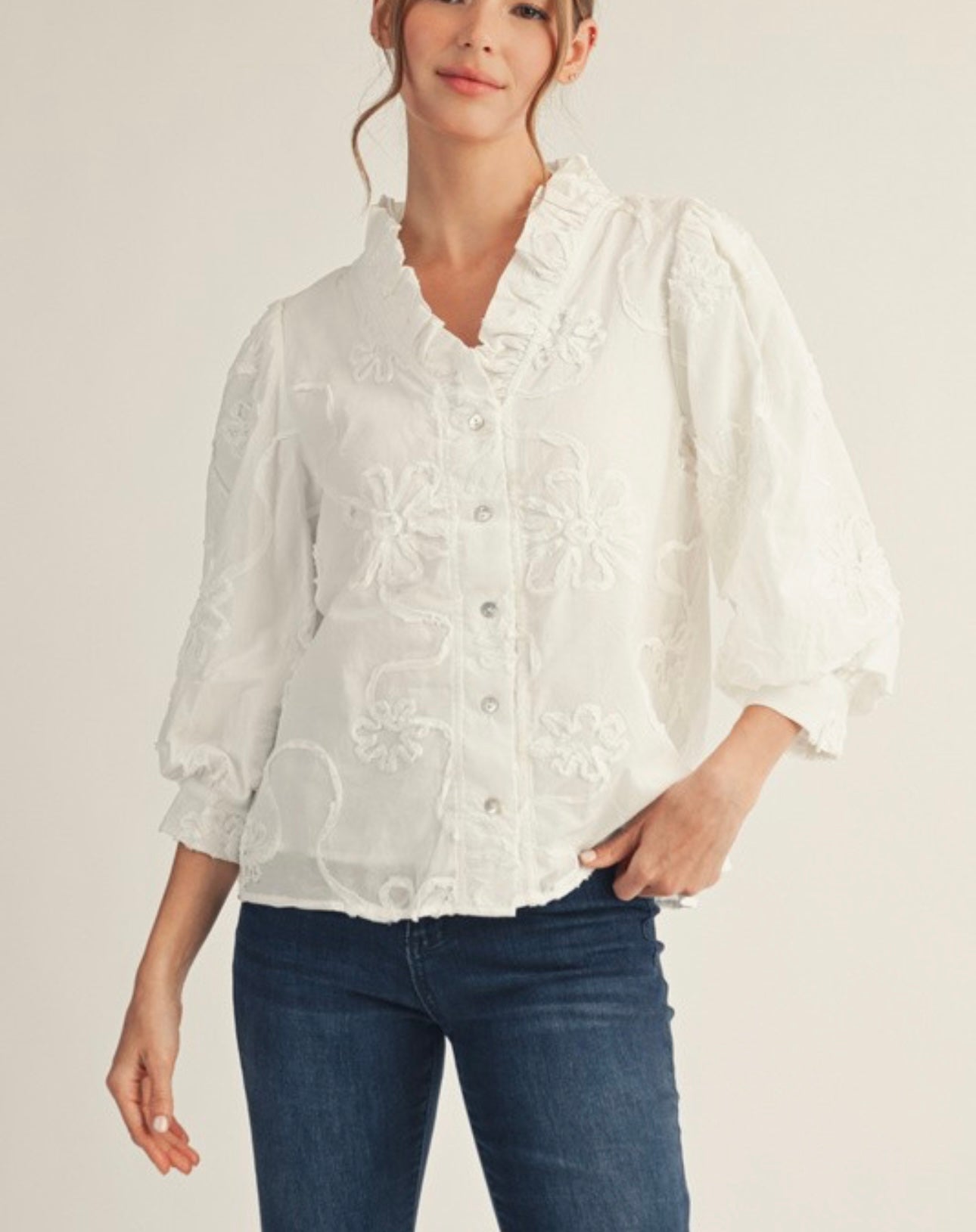 Jodifl raised flower button up tops