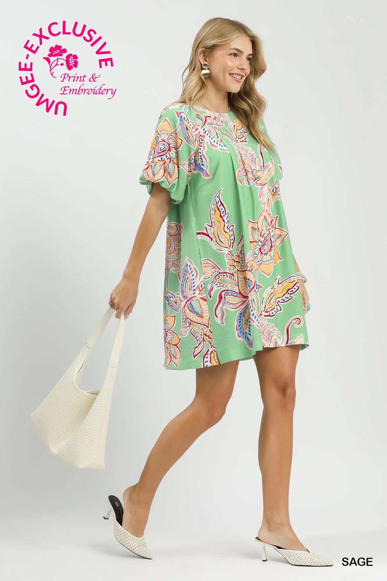 Umgee LINING PLEATED ROUND NECK BUBBLE SLEEVE PRINTED DRESS WITH SIDE VENT W/ POCKETS