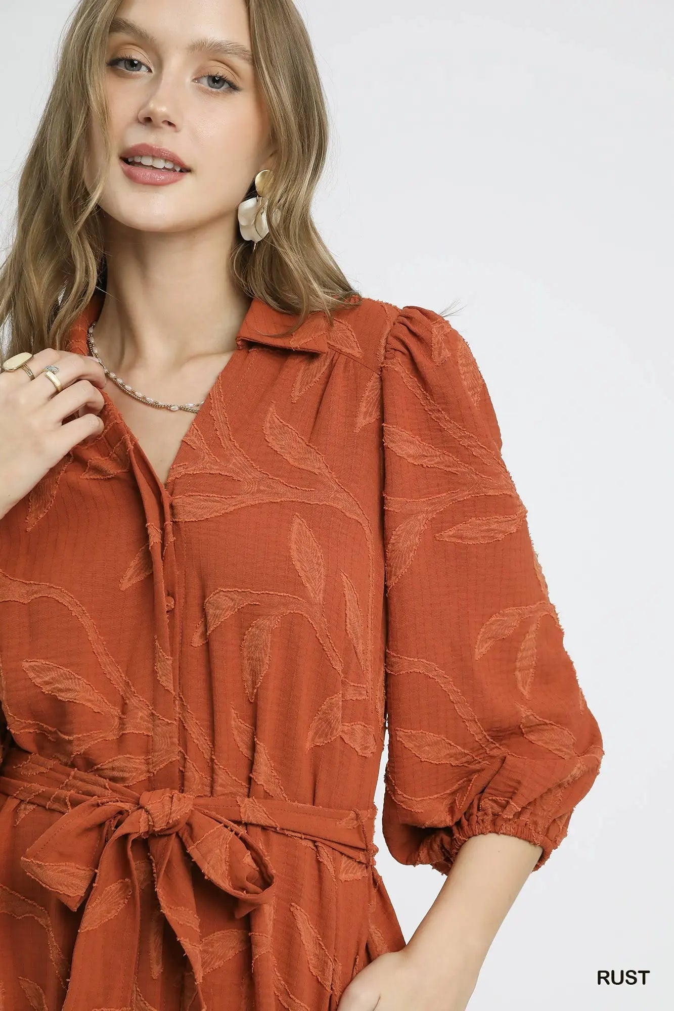 Umgee Jacquard Midi Dress with Waist Tie