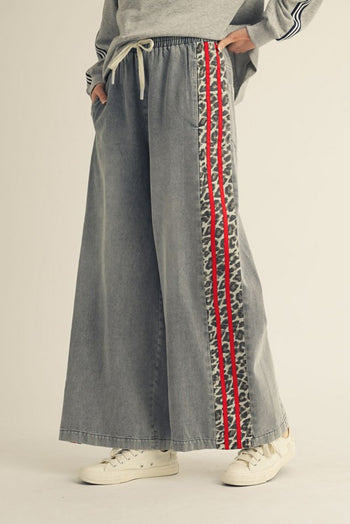 Jodifl Denim Wide Leg Pants with Leopard Side Stripes in Red/Denim