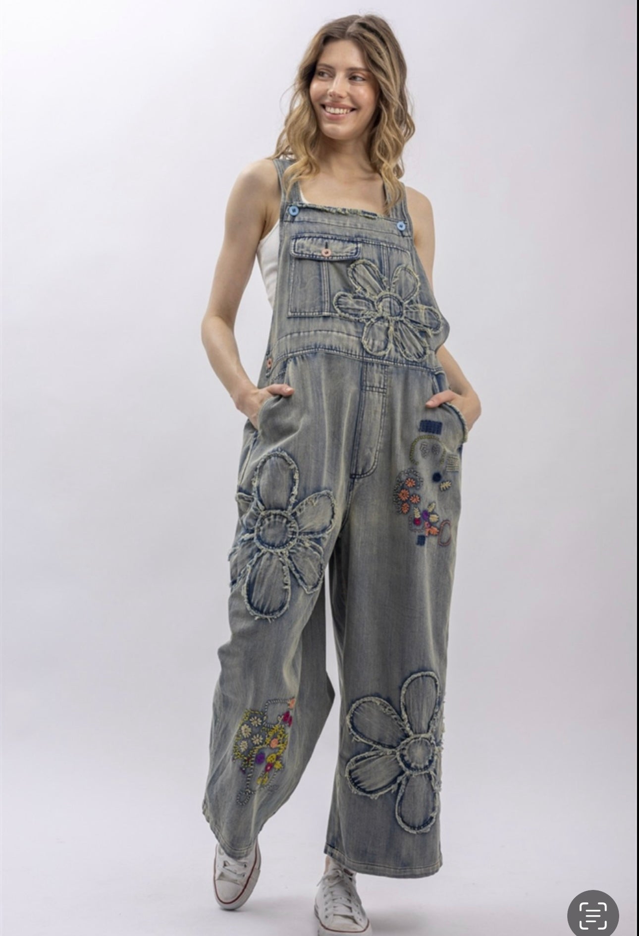 Blue velvet denim patchwork overalls