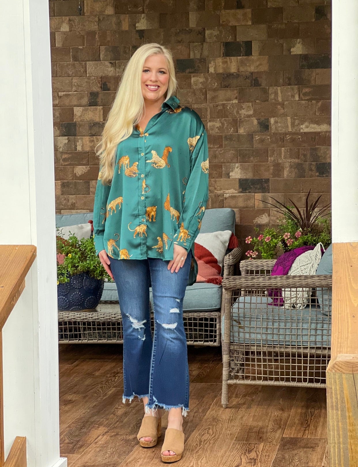 Hunter green cheetah satin button down top