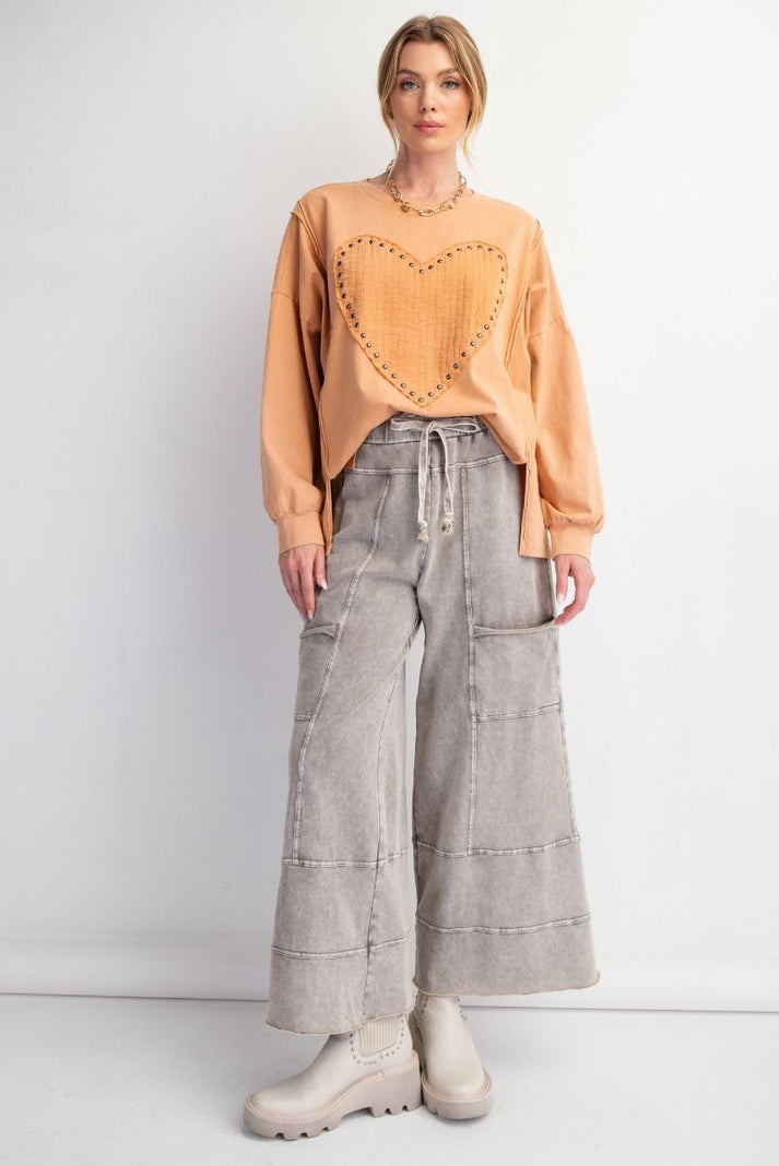 Solid Mineral Wash Pocketed Wide Leg Pants