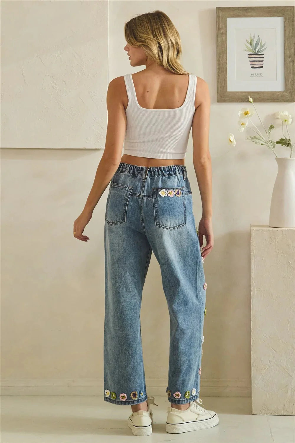 Oli and Hali crochet flower jeans