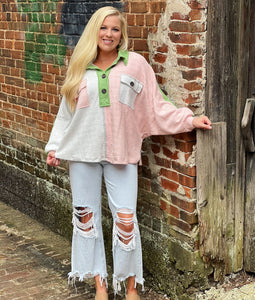 Bucket list color block Terry knit pullover
