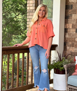 New coral washed knit button down top