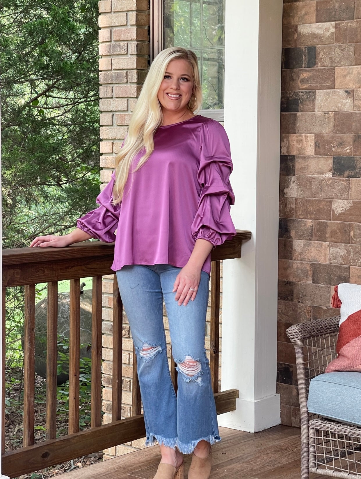 Satin ruched sleeve tops
